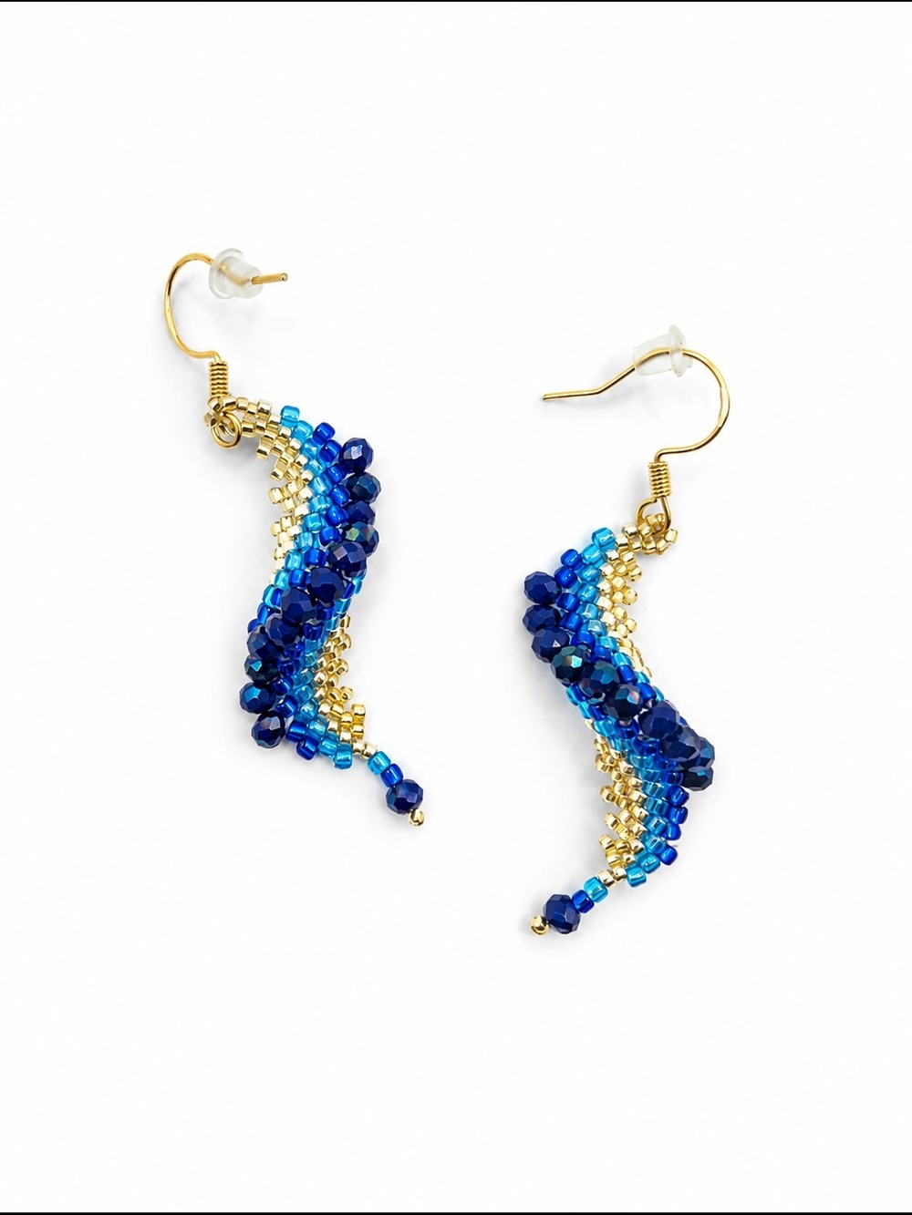 Hand Crafted Gold and Blue Wave Beaded Earrings